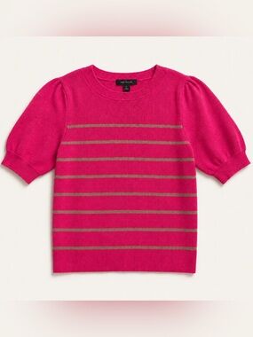 Ann Taylor Womens' Hot Pink Short-Sleeve Sweater with Green Stripes